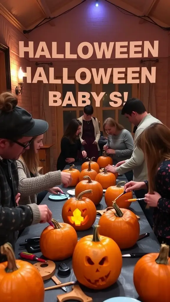 19 Creative Halloween Baby Shower Ideas to Spook Up Your Celebration 12 Group of people carving pumpkins at a Halloween baby shower