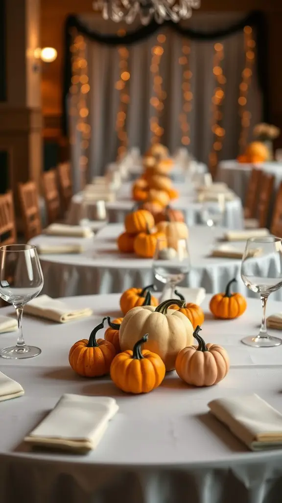 19 Creative Halloween Baby Shower Ideas to Spook Up Your Celebration 10 A table decorated with various pumpkins as centerpieces for a Halloween baby shower, featuring white tablecloths and fairy lights in the background.