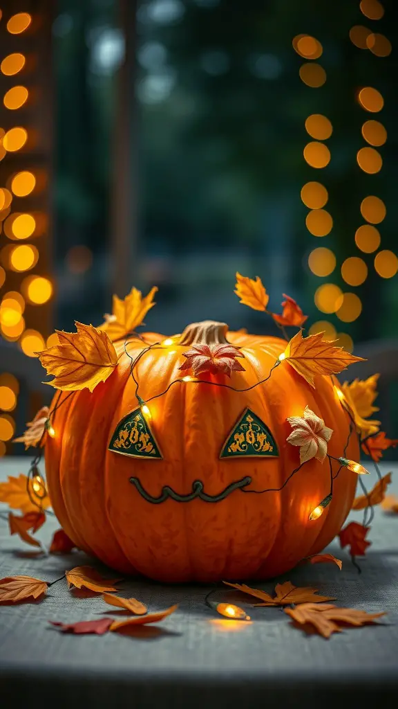 A decorative pumpkin centerpiece with fairy lights and autumn leaves.