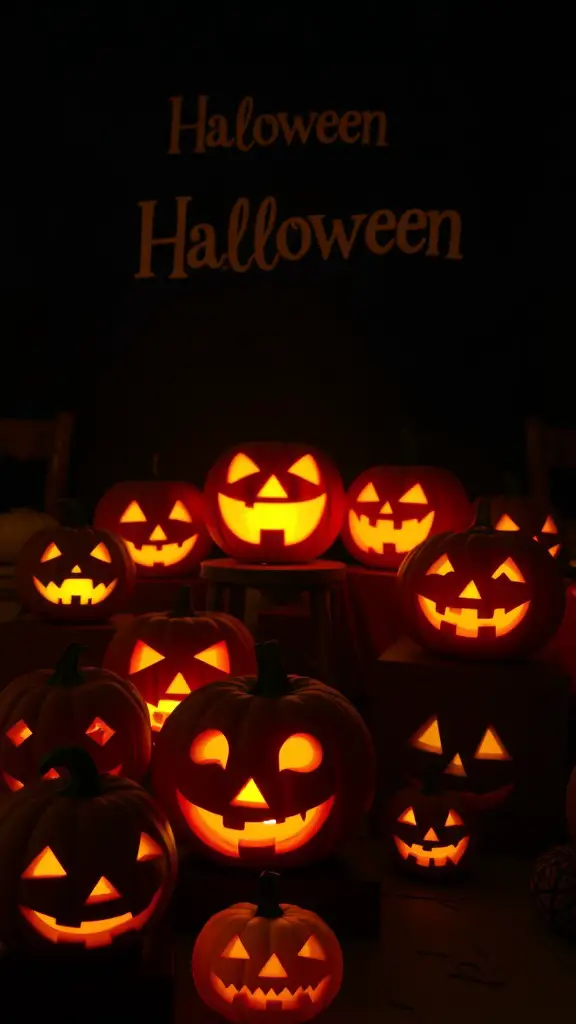 A collection of glowing pumpkin lanterns with various carved faces, creating a festive Halloween atmosphere.