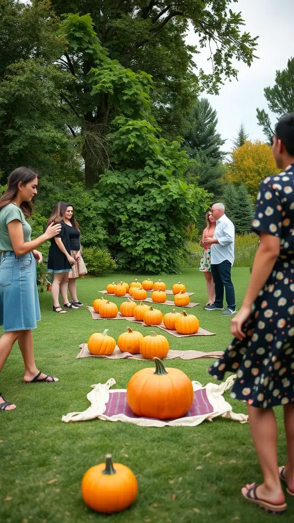 15 Adorable Ideas for a Pumpkin Baby Shower Theme 17 Group of people enjoying a pumpkin-themed baby shower outdoors with pumpkins arranged on the grass.