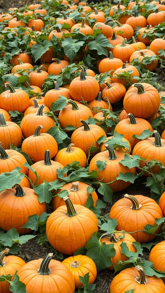 A beautiful pumpkin patch filled with orange pumpkins and green leaves.
