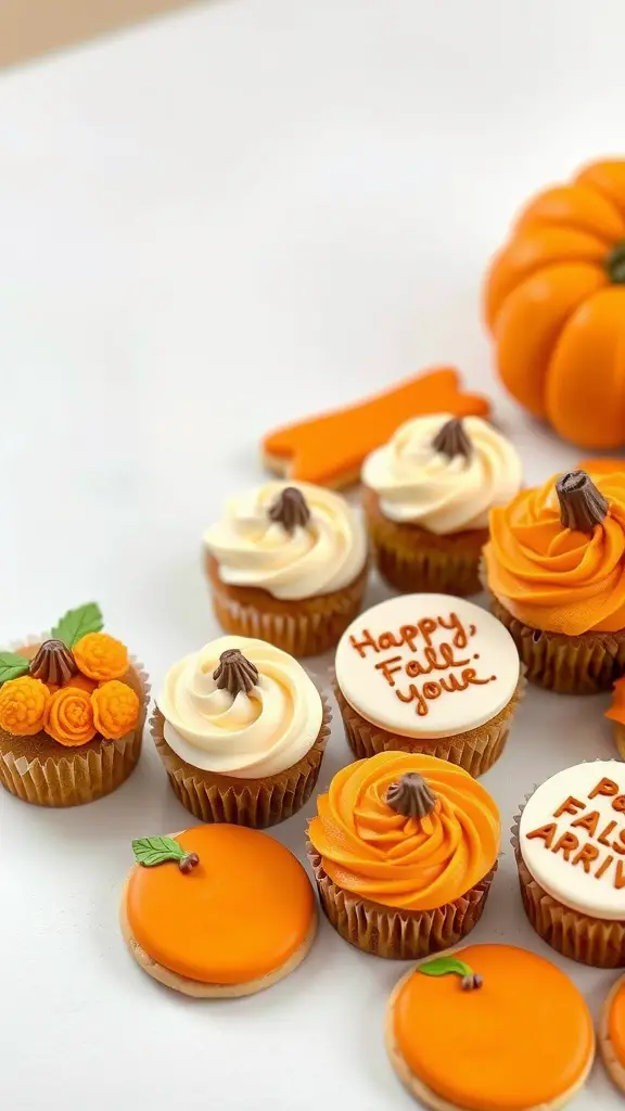 15 Adorable Ideas for a Pumpkin Baby Shower Theme 8 Decorated cupcakes and cookies with a pumpkin theme for a baby shower