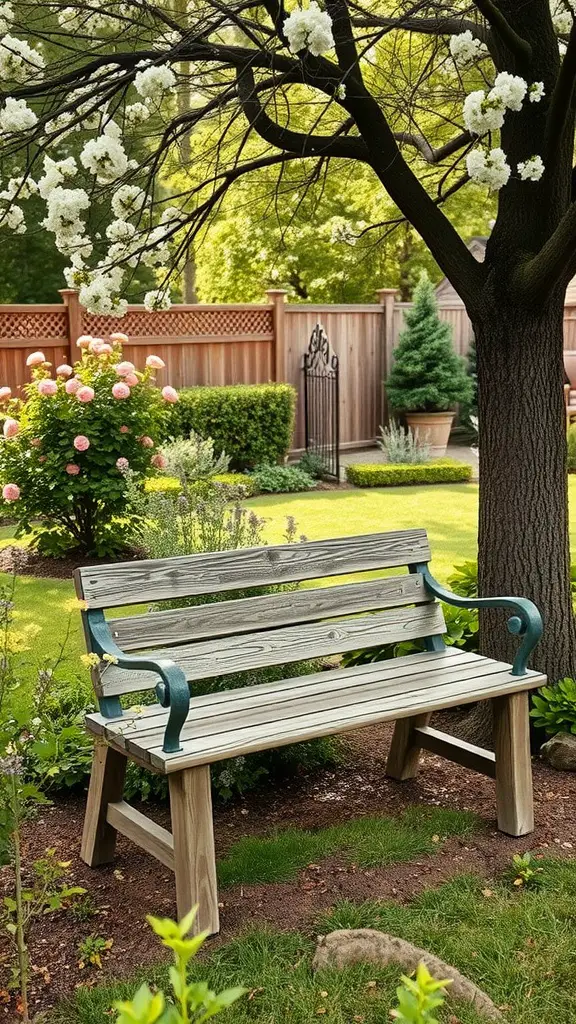 A quaint garden bench under a flowering tree, surrounded by blooming roses and lush greenery.