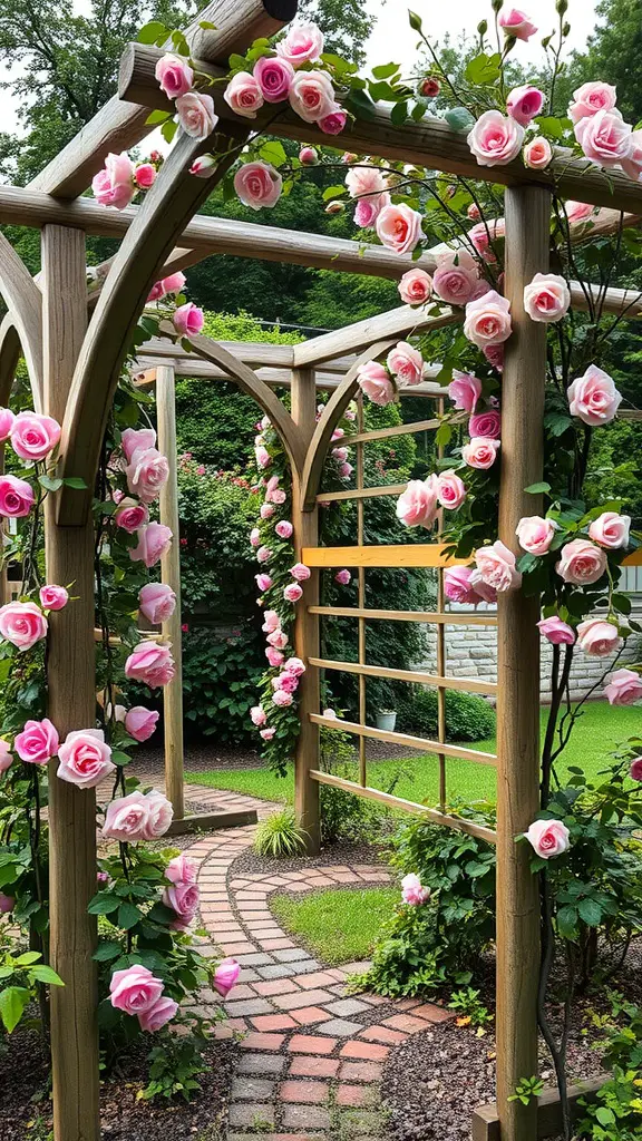 A wooden trellis adorned with pink climbing roses, leading to a brick pathway in a lush garden.