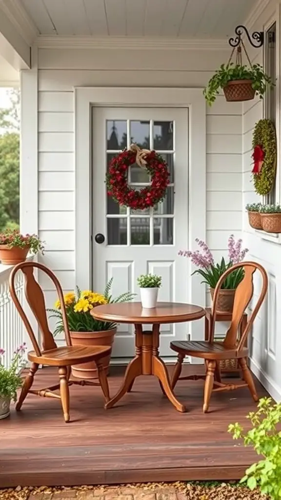 A cozy farmhouse porch featuring a round wooden table and two wooden chairs surrounded by potted plants and a wreath on the door.