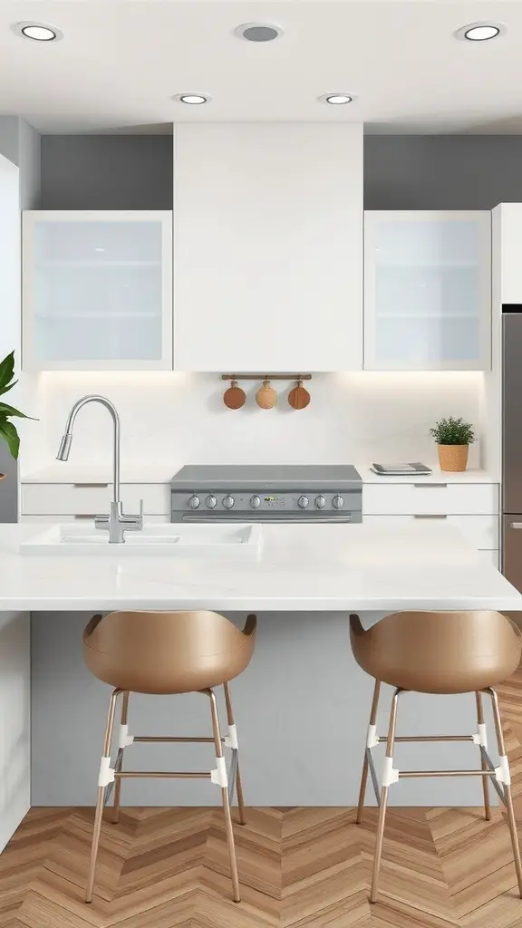 23 Stunning Modern Kitchen Ideas You Need to See 9 A modern kitchen featuring quartz countertops, sleek white cabinets, and bronze bar stools on wooden flooring.