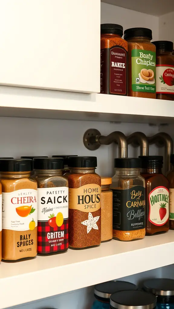 27 Whimsical Kitchen Ideas to Transform Your Cooking Space 5 A variety of colorful spice jars with unique labels on a kitchen shelf.