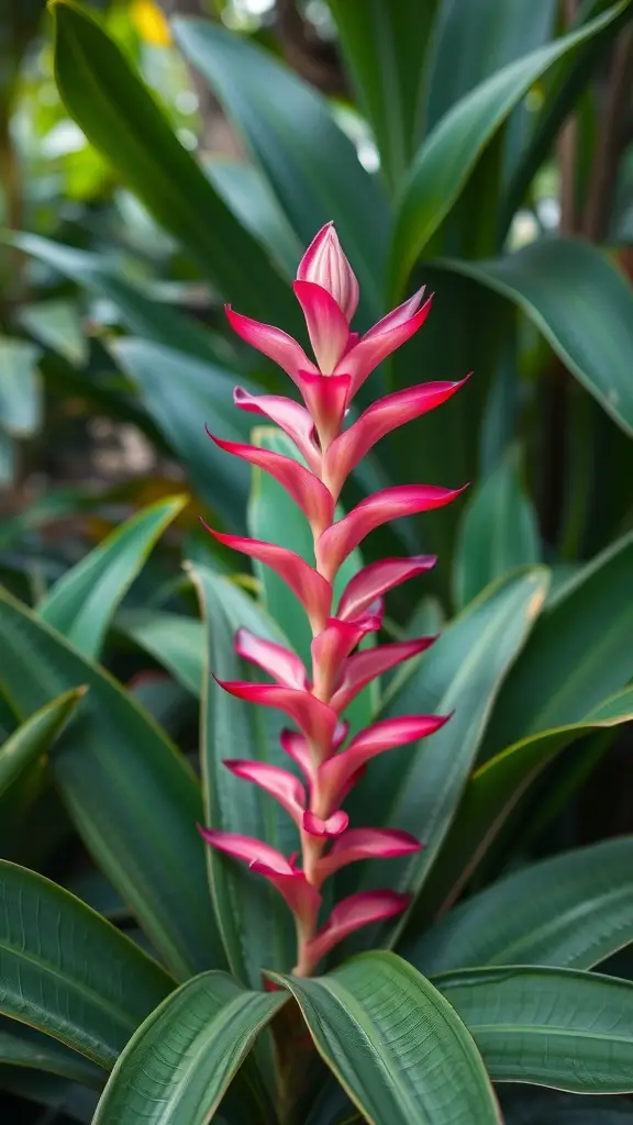19 Colorful Plant Ideas to Brighten Your Space 16 Aechmea bromeliad with bright pink flowers and green leaves.