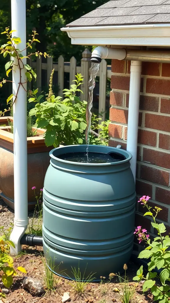 23 Creative Rain Gutter Drainage Ideas for Your Home 6 A rain barrel receiving water from a downspout with surrounding plants.