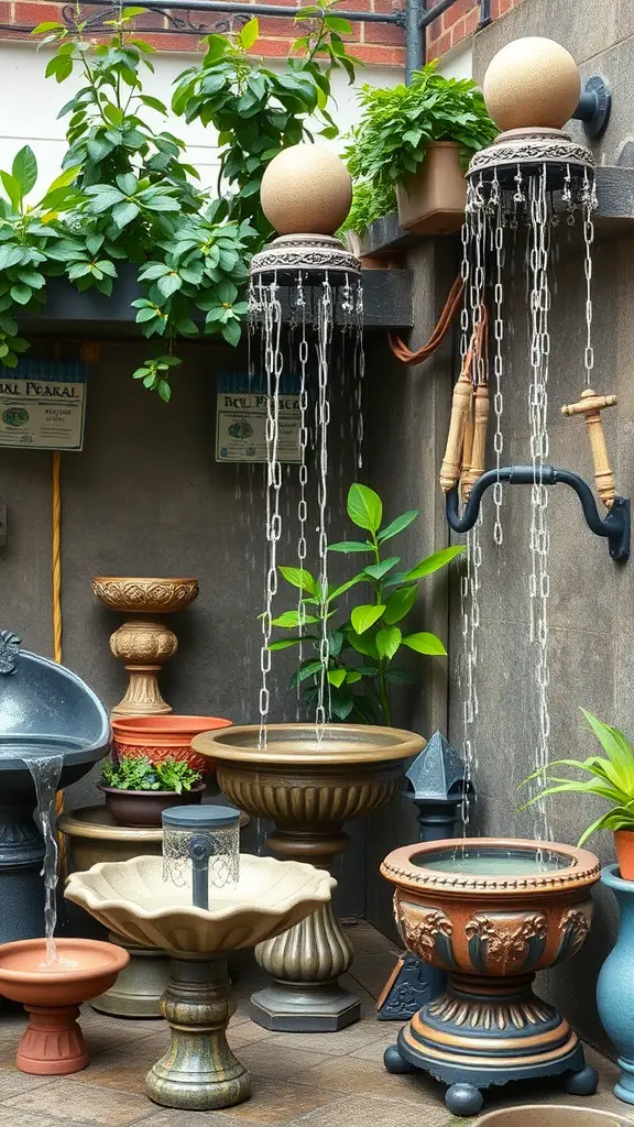25 Creative Rain Chain Drainage Ideas for Your Home 11 A collection of decorative rain chains and accessories in a garden setting