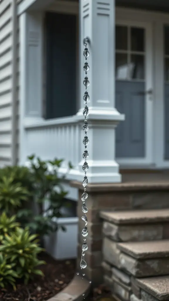 23 Creative Rain Gutter Drainage Ideas for Your Home 10 A rain chain made of leaf-shaped links, with water droplets flowing down, set against a house entrance.