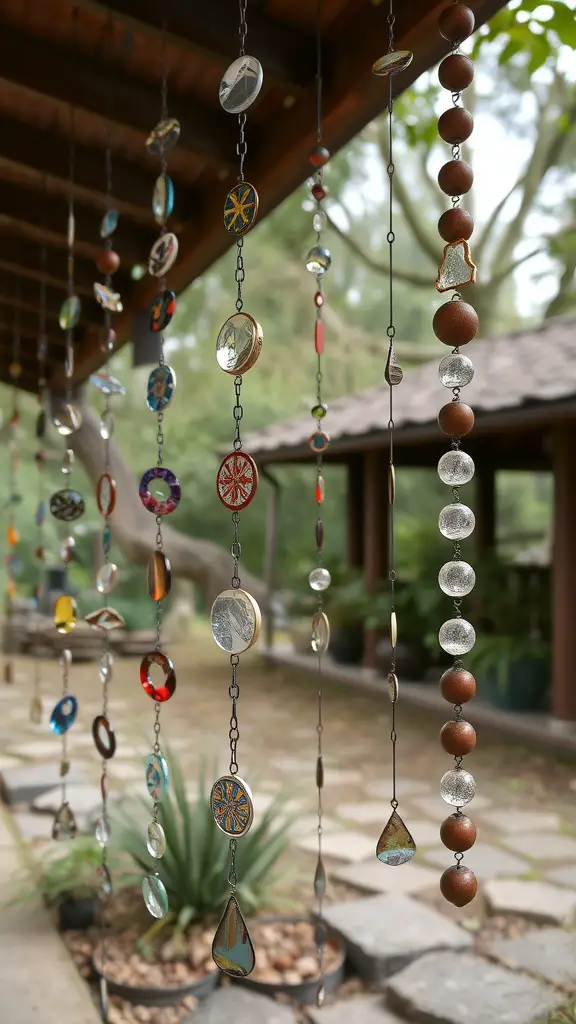 25 Creative Rain Chain Drainage Ideas for Your Home 10 A colorful display of various rain chains hanging in a garden, showcasing different styles and designs.