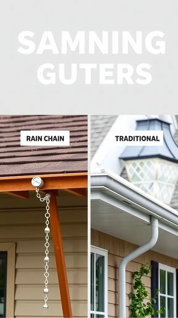 25 Creative Rain Chain Drainage Ideas for Your Home 7 Comparison of a rain chain on the left and traditional gutters on the right.