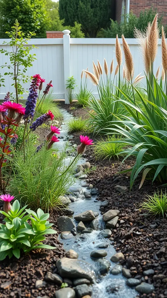 23 Creative French Drain Ideas for Effective Water Management 8 A rain garden featuring a French drain, with colorful flowers and greenery along a small stream.