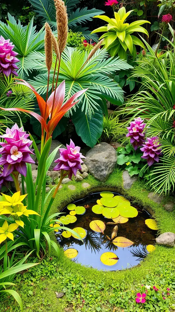 A vibrant rain garden with colorful flowers and a small pond, showcasing a natural drainage solution.