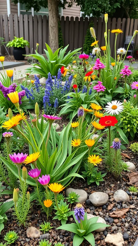25 Creative Yard Drainage Ideas to Transform Your Outdoor Space 9 A colorful rain garden filled with various flowers and greenery, showcasing a vibrant solution for drainage.