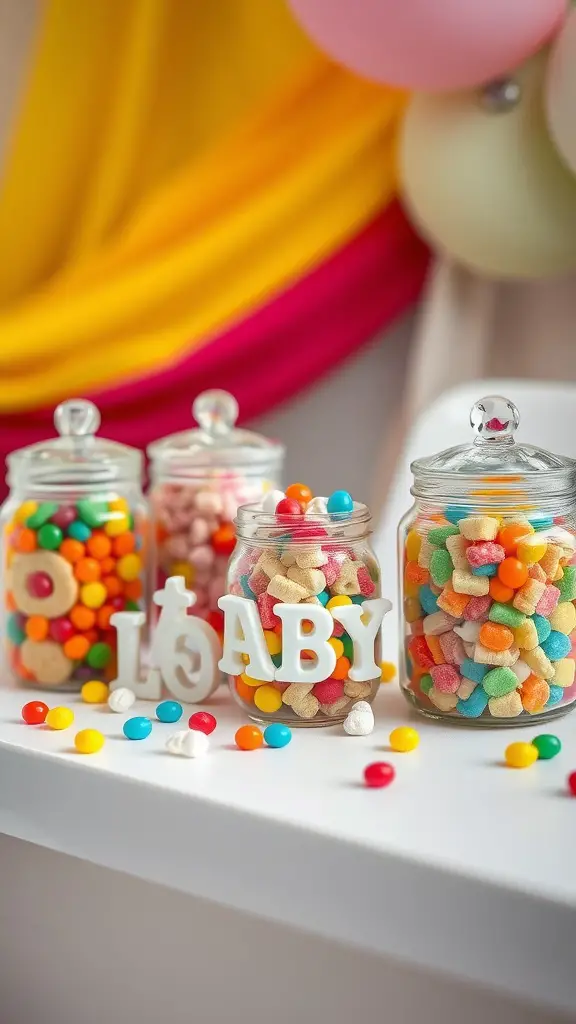 29 Adorable Baby Shower Centerpiece Ideas You’ll Love 14 Colorful jars filled with candies for a rainbow baby shower centerpiece