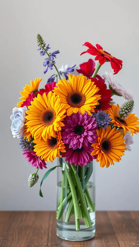 A bouquet of rainbow colored flowers, including sunflowers, daisies, and gerbera daisies, in a clear vase on a wooden surface.