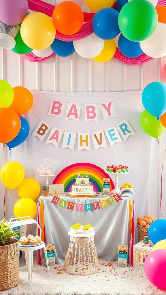 25 Creative Baby Shower Themes for September Celebrations 12 Colorful baby shower decoration with rainbow theme, featuring balloons, cake, and treats.