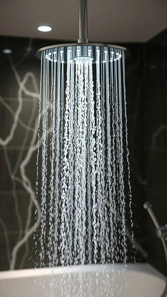 A modern rainfall showerhead with water cascading down