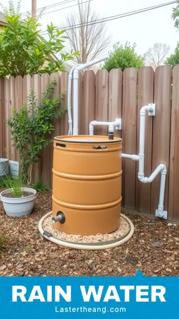 23 Creative Rain Gutter Drainage Ideas for Your Home 14 A rainwater harvesting system featuring a brown rain barrel with PVC pipes in a garden setting.