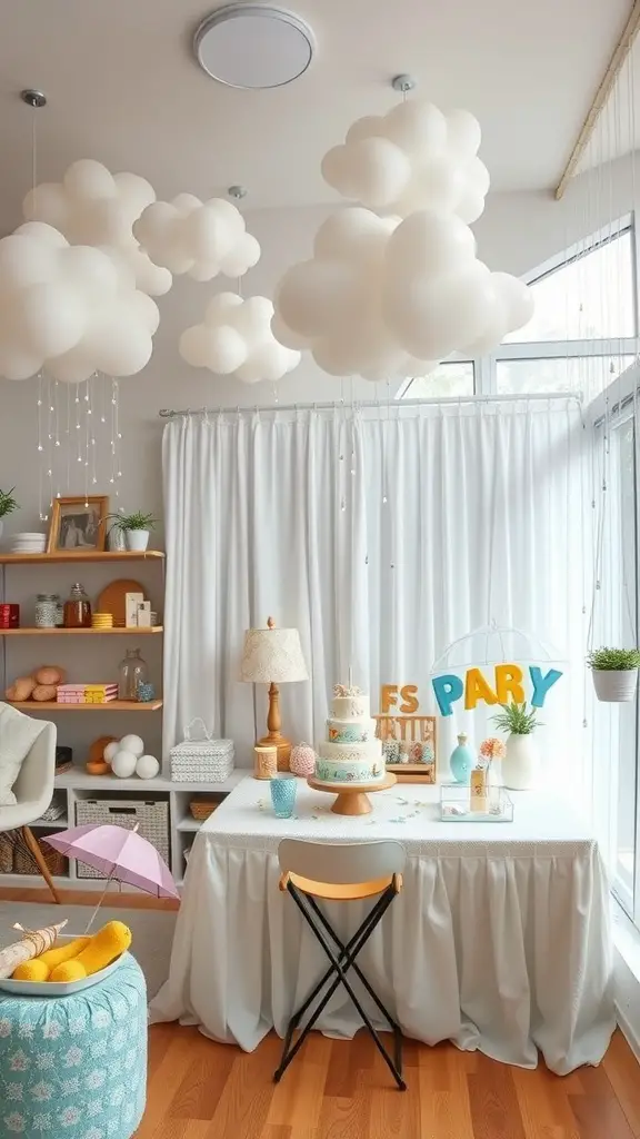 A cozy baby shower setup with cloud decorations, a cake, and colorful party elements.