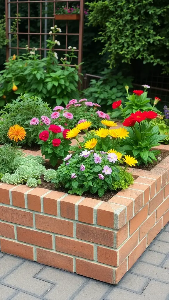 29 Creative Brick Garden Edging Ideas to Transform Your Outdoor Space 6 A raised brick planter filled with colorful flowers in a garden setting.