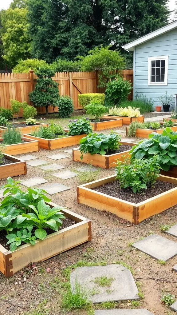 19 Modern Backyard Landscaping Ideas to Transform Your Outdoor Space 16 A backyard featuring multiple raised garden beds filled with vegetables, surrounded by greenery and stepping stones.