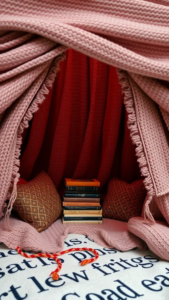 23 Creative Blanket Fort Ideas for Ultimate Cozy Fun 2 Cozy reading nook fort made with pink and red blankets, decorated with pillows and a stack of books