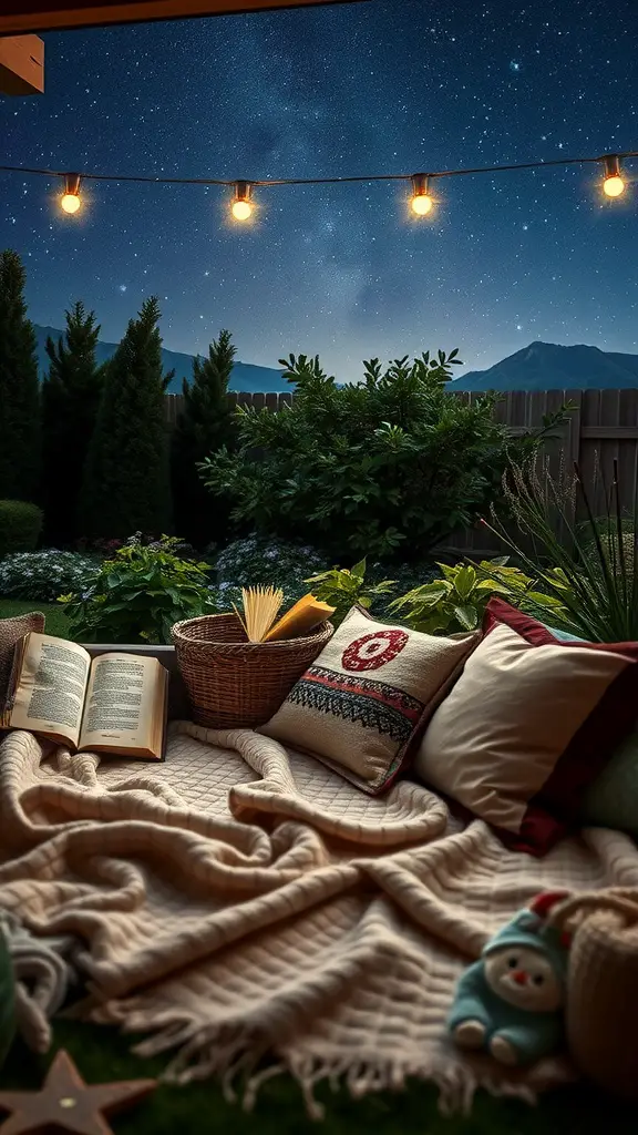 13 Cozy Garden Reading Nook Ideas for Book Lovers 14 A cozy reading nook in a garden under a starry sky with string lights, a blanket, pillows, and an open book.