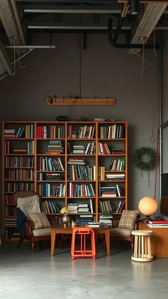 27 Creative Garage Hangout Ideas for Ultimate Chill Time 12 Cozy reading nook with bookshelves, comfortable chairs, and warm lighting.