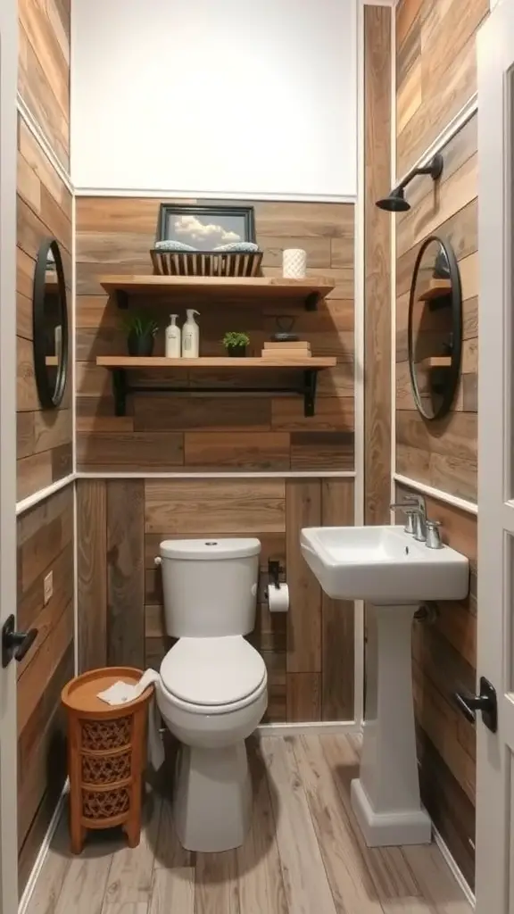 Small bathroom with reclaimed barn wood walls, floating shelves, and modern fixtures.