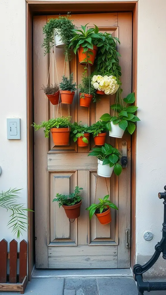 A reclaimed door serving as a vertical plant display with various pots of plants attached.