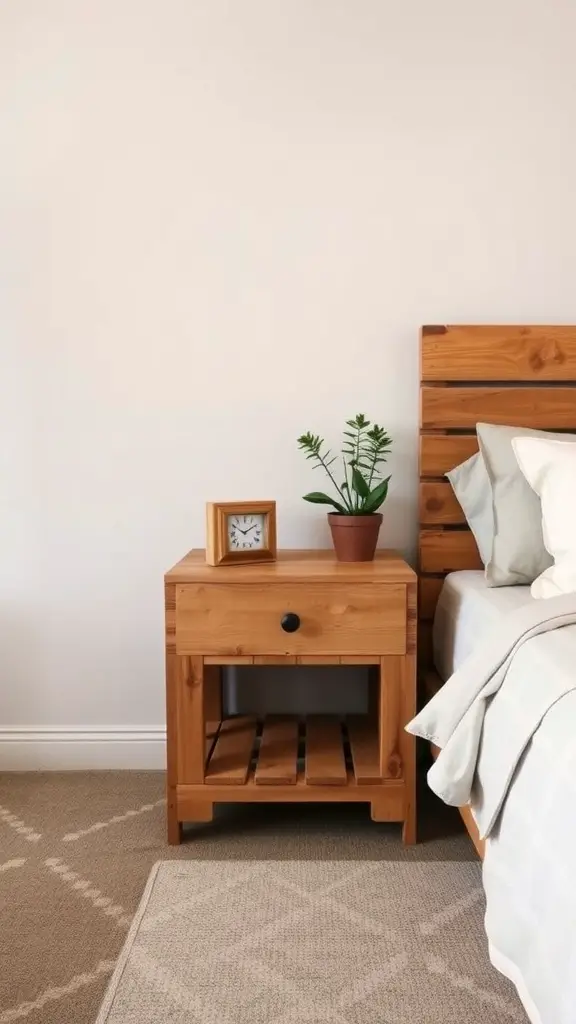 19 Creative Nightstand Ideas to Elevate Your Bedroom Decor 12 A reclaimed wood nightstand with a clock and a plant on top, next to a bed