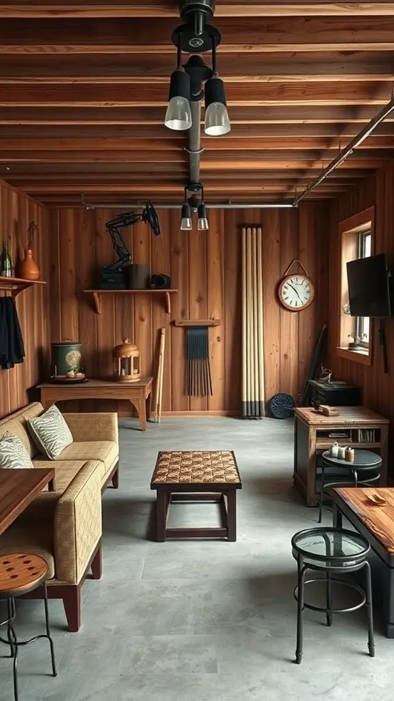 23 Stylish Garage Lounge Ideas You’ll Love 8 A cozy garage lounge featuring reclaimed wood walls and furniture, highlighted by modern lighting.