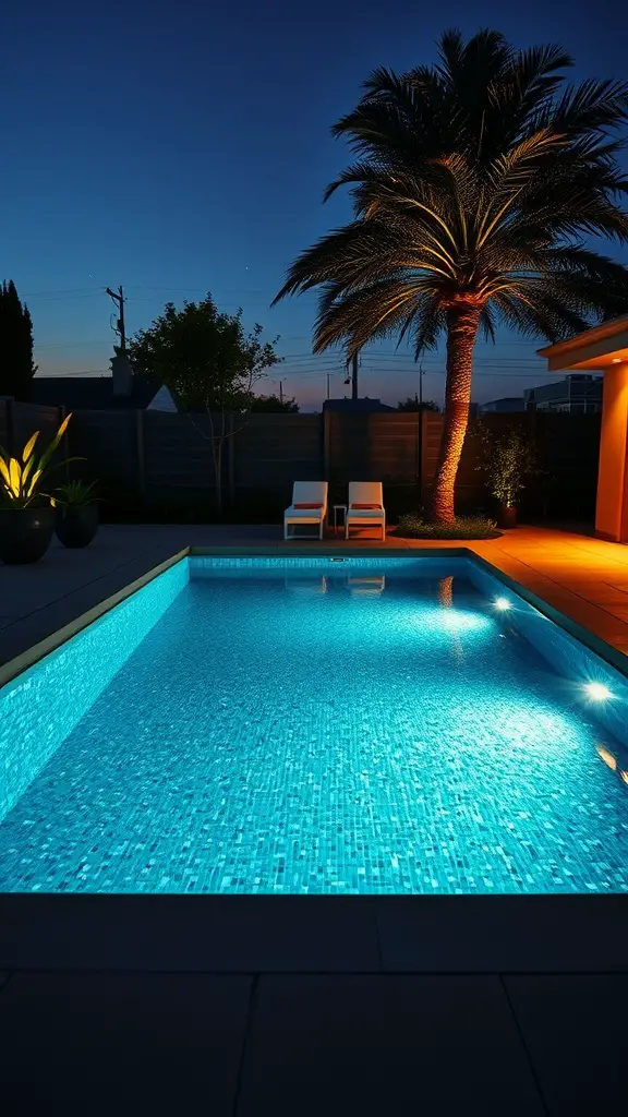 A rectangular pool with glass tiles illuminated at night, surrounded by a palm tree and lounge chairs.