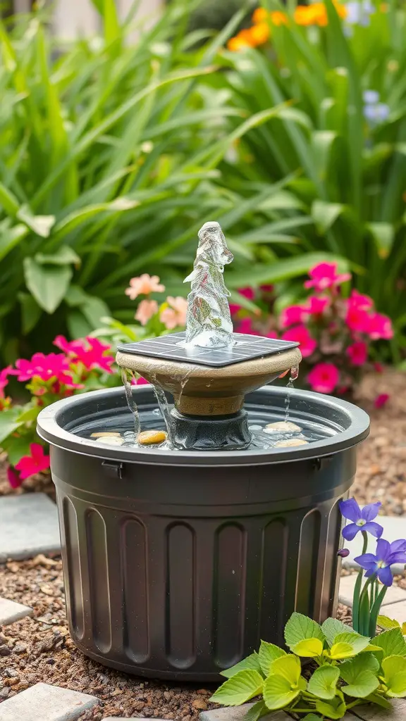 17 Creative DIY Solar Fountain Ideas for Your Garden 9 A solar fountain made from a recycled black container with water trickling down, surrounded by colorful flowers.