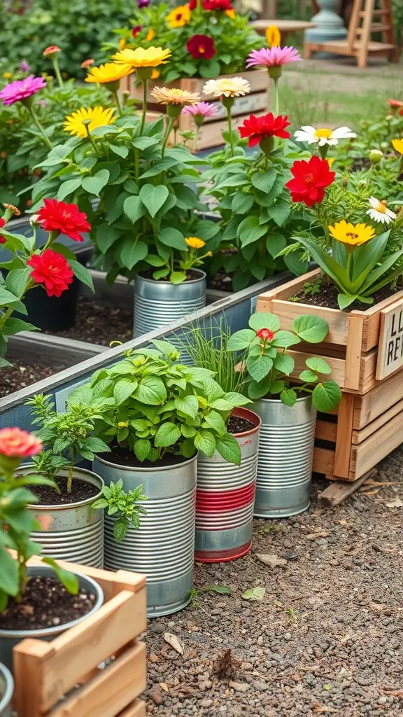A vibrant garden featuring flowers in recycled tin can planters and wooden crates.