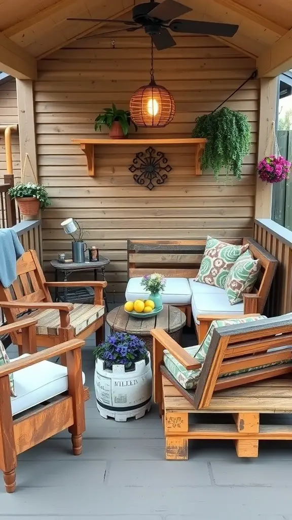 21 Charming Small Back Porch Ideas to Transform Your Outdoor Space 10 Cozy back porch featuring recycled pallet furniture with colorful cushions, a small round table, and plants.