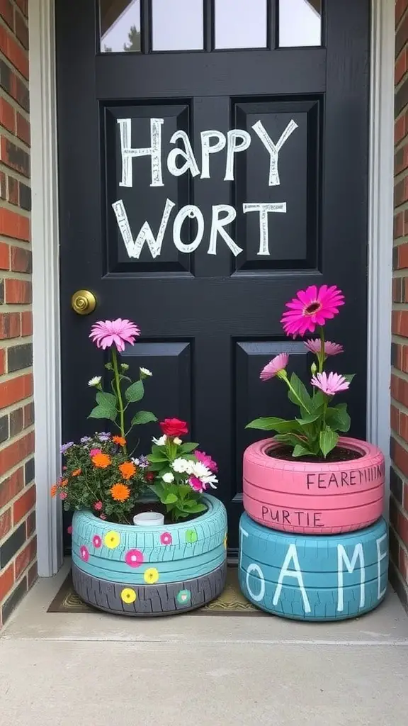 19 Stunning Front Door Planter Ideas to Elevate Your Entryway 13 Colorful recycled tire planters with flowers beside a front door