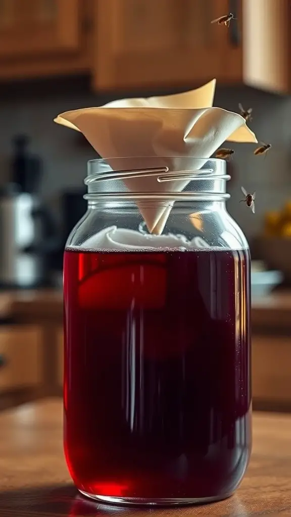 A jar with red wine and a paper towel funnel, attracting fruit flies.