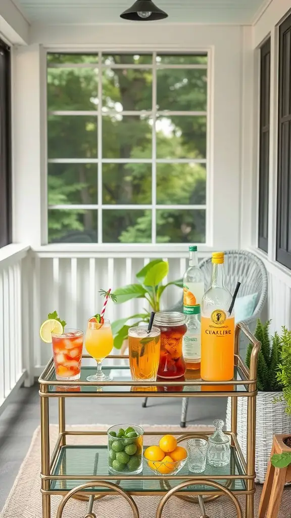 A cozy drink station on a screened-in porch with a variety of colorful beverages and fresh fruits.