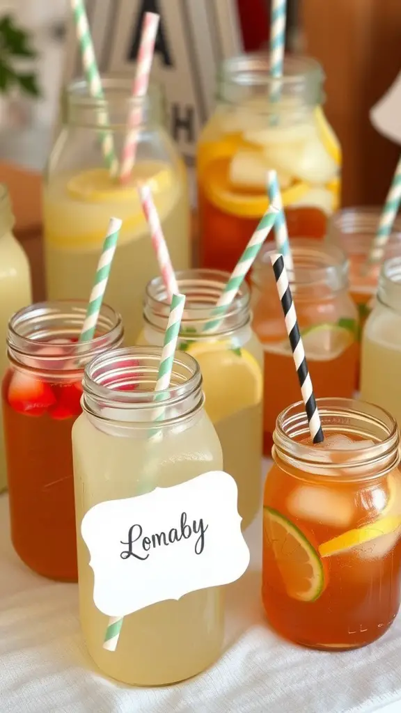 25 Creative Baby Q Shower Ideas to Celebrate Your Little One 9 A variety of refreshing drinks in mason jars with colorful straws and labels for a baby shower.