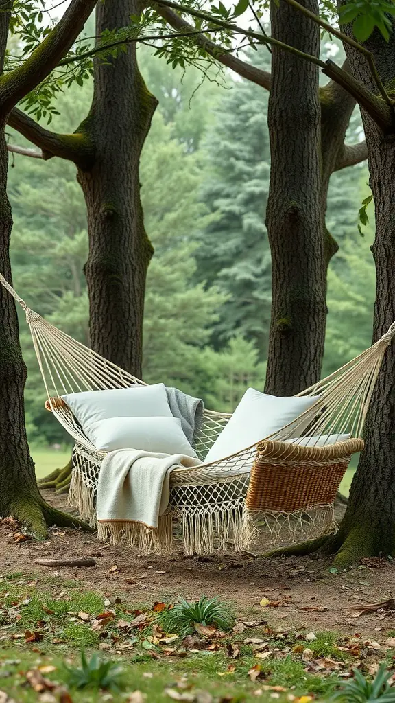 21 Stunning Ideas to Create Your Backyard Oasis 6 A hammock set between trees in a peaceful backyard, adorned with pillows and a throw blanket.