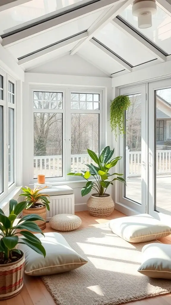 A bright and serene sunroom with cushions, plants, and a candle, creating a perfect meditation space.