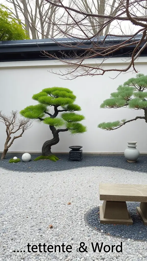 19 Stunning Large Backyard Layout Ideas to Transform Your Outdoor Space 11 A serene Zen garden with carefully pruned trees, gravel ground, and a minimalist stone bench