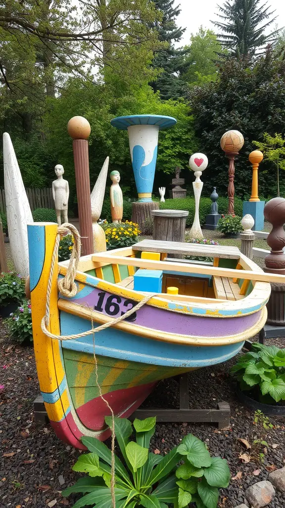 21 Creative Garden Ideas Using Used Boats 16 A colorful repurposed boat used as a decorative element in a garden, surrounded by sculptures and flowers.
