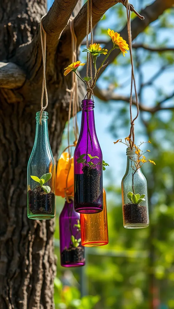 17 Creative Hanging Garden Ideas to Enhance Your Space 7 Colorful glass bottles filled with soil and plants, hanging from a tree.