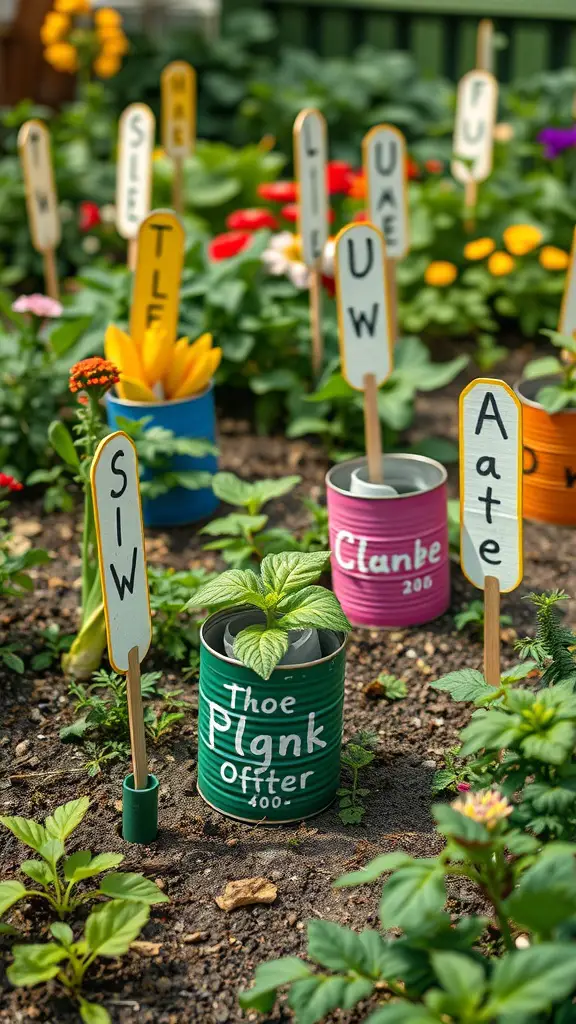 15 Creative Repurposed Items to Transform Your Garden 7 Garden with colorful repurposed cans as plant markers, featuring wooden stakes with names.